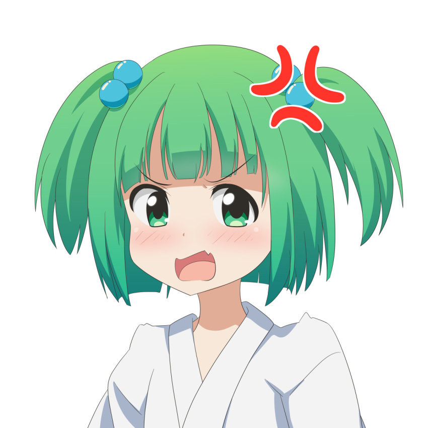 1girl anger_vein angry bangs blunt_bangs cato_(monocatienus) commentary fang green_eyes green_hair hair_bobbles hair_ornament highres japanese_clothes kimono kisume looking_at_viewer open_mouth portrait short_hair simple_background skin_fang solo touhou twintails v-shaped_eyebrows white_background white_kimono