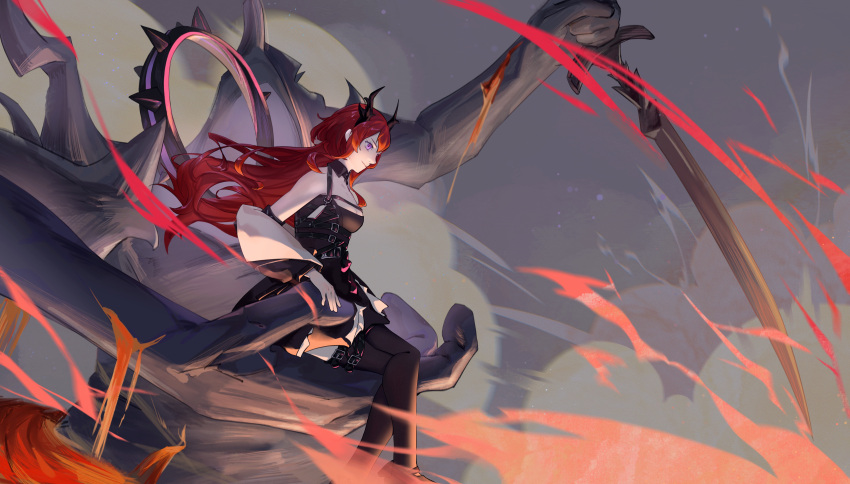 1girl absurdres arknights black_dress chaji-14 collar demon demon_girl demon_horns dress highres holding holding_weapon horns jacket kneehighs looking_down sitting solo spiked_collar spikes surtr_(arknights) sword thigh-highs violet_eyes weapon