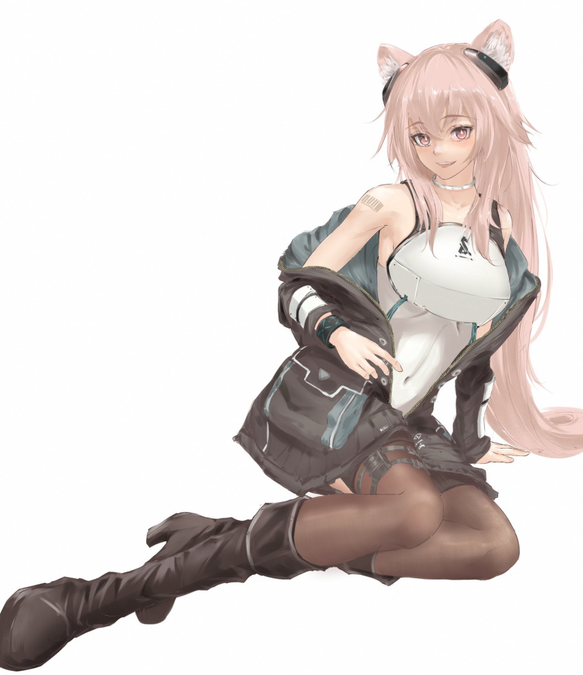 1girl animal_ear_fluff animal_ears arknights armor barcode_tattoo blush boots breastplate breasts brown_eyes brown_jacket brown_legwear commentary_request drmaho1 earpiece eyebrows_visible_through_hair gravel_(arknights) hair_between_eyes highres infection_monitor_(arknights) jacket lips long_hair long_sleeves looking_at_viewer medium_breasts medium_hair mouse_ears mouse_girl open_clothes open_jacket open_mouth partial_bodysuit pink_hair sitting smile solo tail tattoo thigh-highs very_long_hair white_background yokozuwari