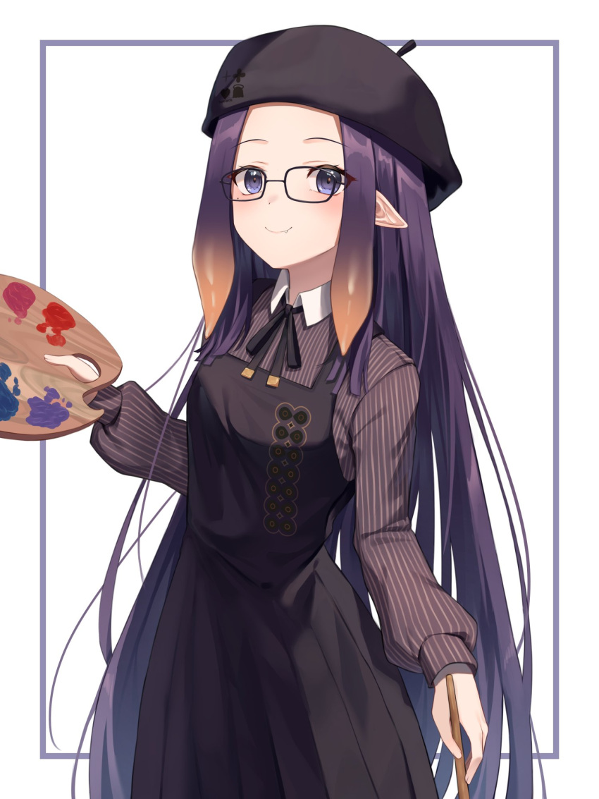 1girl beret black_dress black_headwear black_ribbon brown_shirt closed_mouth commentary cowboy_shot dress eyebrows_visible_through_hair eyes_visible_through_hair fang fang_out glasses gradient_hair hand_up hat highres holding holding_palette hololive hololive_english long_hair long_sleeves looking_at_viewer multicolored_hair ninomae_ina'nis official_alternate_costume orange_hair palette pinafore_dress pleated_dress pointy_ears puffy_long_sleeves puffy_sleeves purple_hair ribbon shands shirt simple_background smile solo standing striped striped_shirt very_long_hair violet_eyes virtual_youtuber white_background