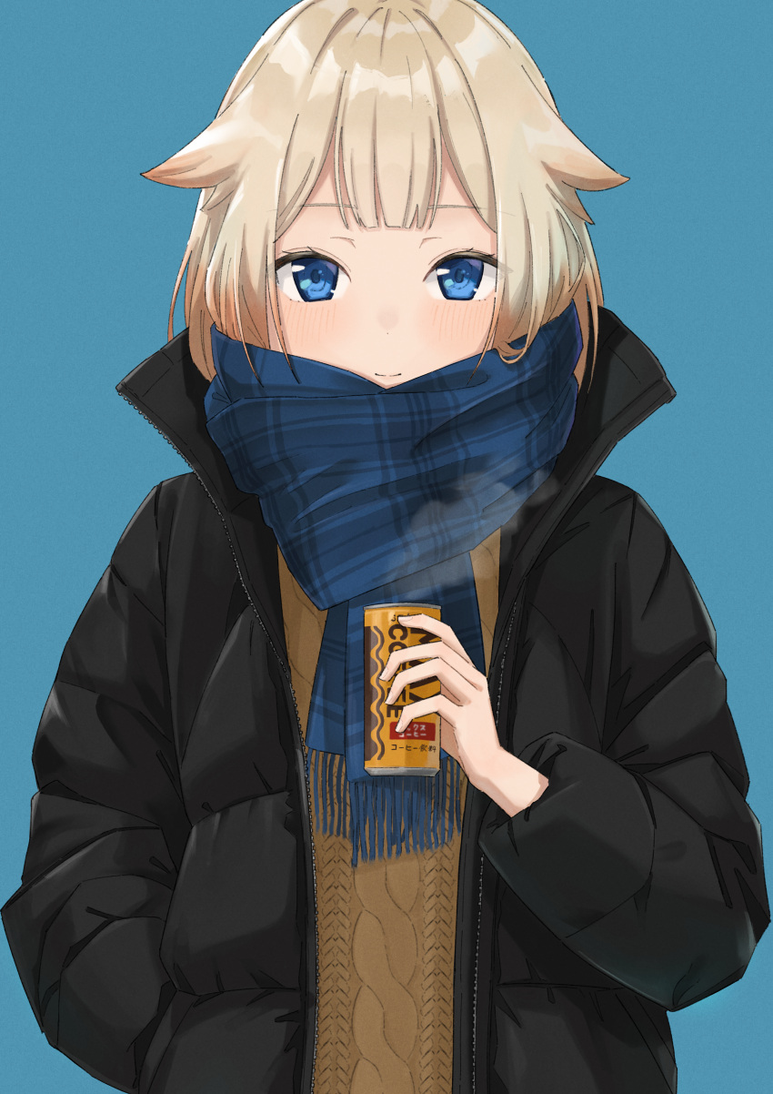 1girl absurdres blue_background blue_eyes blue_scarf brown_sweater can canned_coffee cevio commentary down_jacket hair_flaps hand_in_pocket highres holding holding_can huge_filesize light_blush light_smile m1natsuk1 one_(cevio) plaid plaid_scarf platinum_blonde_hair scarf smile solo steam sweater upper_body