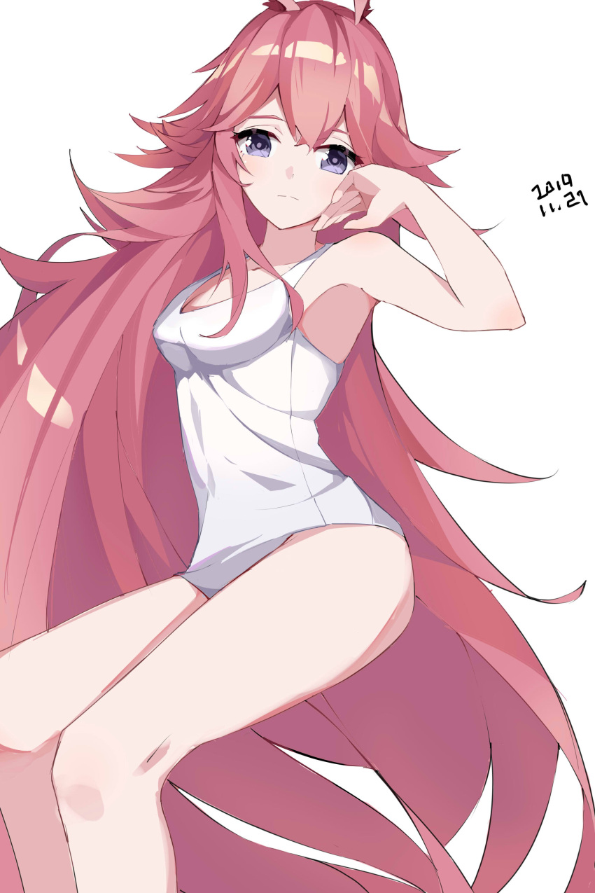 1girl absurdres animal_ears armpits bangs bare_shoulders breasts closed_mouth fox_ears guaili_shu hair_between_eyes hand_on_own_cheek hand_on_own_face highres honkai_(series) honkai_impact_3rd long_hair looking_at_viewer one-piece_swimsuit pink_hair simple_background solo swimsuit violet_eyes white_background white_swimsuit yae_sakura