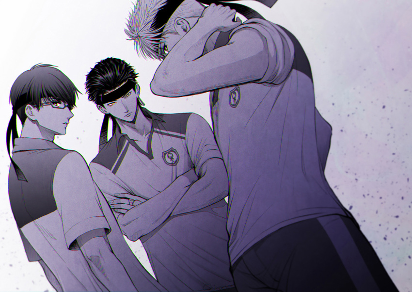 3boys arm_up bangs chiroru covered_mouth crossed_arms dutch_angle fujiyama_arashi glasses habataki_academy_uniform hair_slicked_back headband jewelry konno_tamao looking_at_viewer male_focus monochrome multiple_boys parted_lips purple_theme ring sakurai_kouichi short_hair short_sleeves sleeves_rolled_up spot_color tokimeki_memorial tokimeki_memorial_girl's_side tokimeki_memorial_girl's_side_3rd_story uneven_eyes white_background