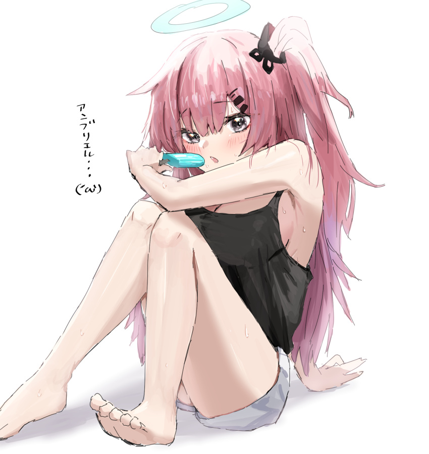 1girl ambriel_(arknights) arknights black_tank_top blush breasts character_name food full_body hair_ornament hairclip halo highres holding holding_food knees_up large_breasts long_hair looking_at_viewer open_mouth pink_hair popsicle raw_egg_lent shorts side_ponytail simple_background sitting solo tank_top very_long_hair violet_eyes white_background white_shorts
