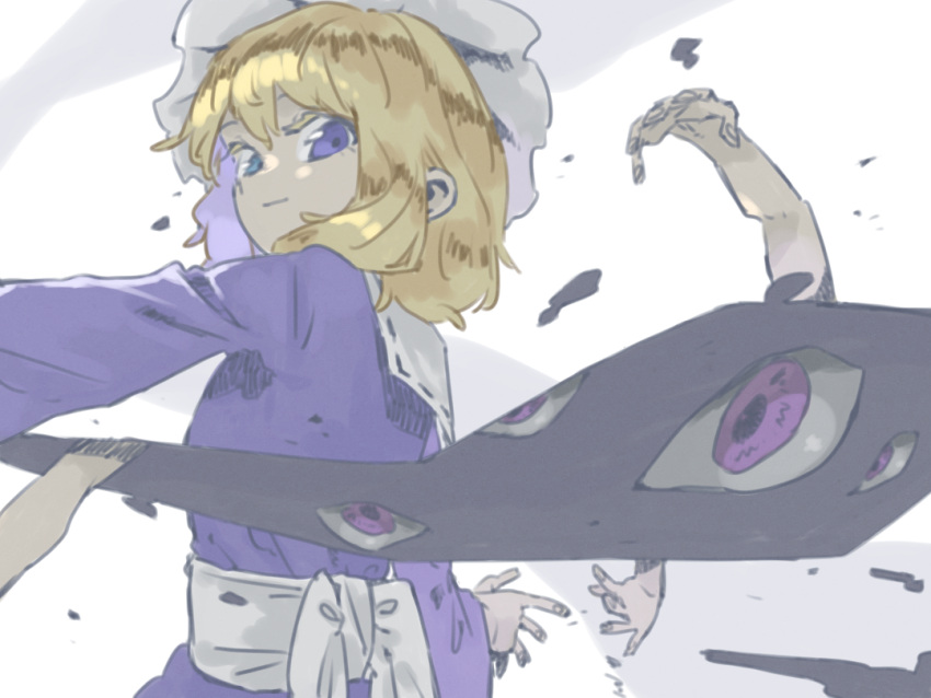 1girl back_bow blonde_hair bow disembodied_limb eyes feet_out_of_frame from_behind gap_(touhou) hands hat long_sleeves looking_at_viewer maribel_hearn mob_cap nama_udon purple_shirt purple_skirt shirt short_hair skirt touhou violet_eyes white_background