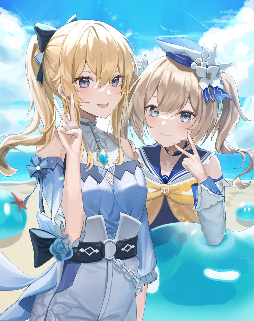1girl 2girls absurdres barbara_(genshin_impact) bare_shoulders beach belt blonde_hair blouse blue_blouse blue_eyes blue_sky bow choker clouds cross cross_earrings day earrings genshin_impact hair_bow hat highres jean_(genshin_impact) jewelry long_sleeves looking_at_viewer multiple_girls mungduck o-ring_belt one-piece_swimsuit outdoors ponytail sailor_hat siblings sisters sky slime_(genshin_impact) smile summer swimsuit twintails v