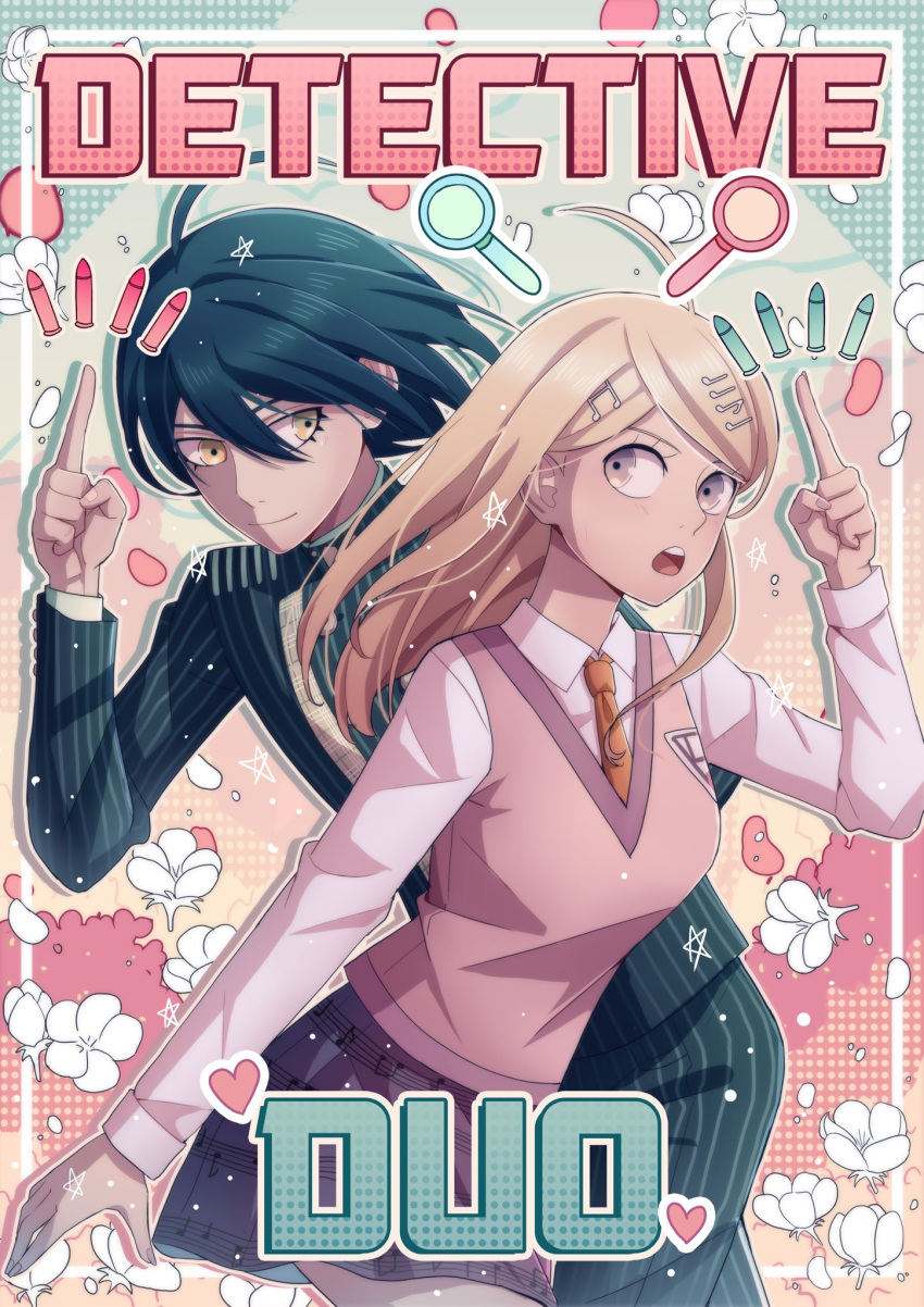 1boy 1girl ahoge akamatsu_kaede bangs black_hair black_pants blonde_hair breasts brown_eyes bullet cheer_(cheerkitty14) collared_shirt cowboy_shot dangan_ronpa_(series) dangan_ronpa_v3:_killing_harmony english_commentary english_text floating floating_object flower hair_between_eyes hair_ornament heart highres index_finger_raised large_breasts long_hair long_sleeves looking_at_another magnifying_glass musical_note_hair_ornament necktie open_mouth pants pink_sweater pink_vest pleated_skirt pointing saihara_shuuichi school_uniform shirt skirt smile striped striped_jacket striped_pants sweater sweater_vest upper_teeth vest white_flower white_shirt