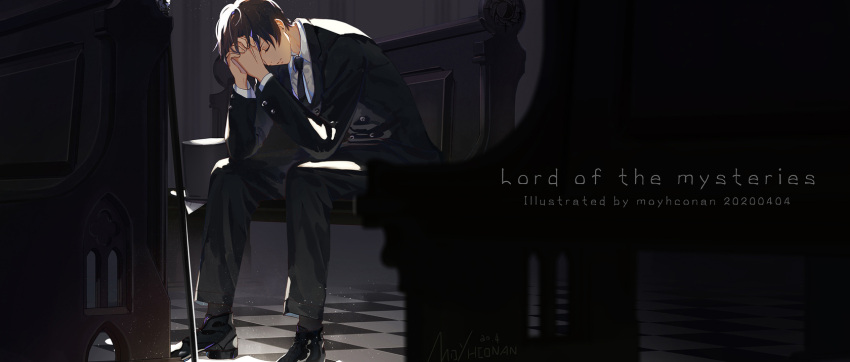 1boy bench black_hair black_neckwear black_suit cane chinese_commentary closed_eyes closed_mouth commentary_request english_text formal hands_on_own_face highres klein_moretti lord_of_the_mysteries moyhconan necktie shirt solo suit tiles white_shirt