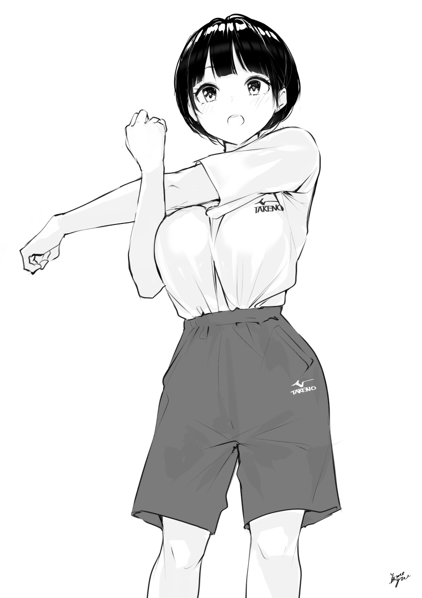 1girl absurdres arm_across_chest bangs blush breasts clothes_writing commentary_request feet_out_of_frame greyscale gym_shirt gym_shorts gym_uniform highres looking_at_viewer medium_breasts monochrome open_mouth original shirt short_sleeves shorts signature simple_background solo standing stretch takenoko_no_you upper_teeth white_background
