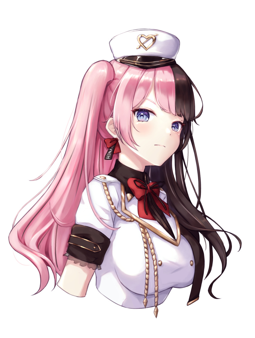 1girl arrow_through_heart bangs black_hair blue_eyes bow breasts closed_mouth cropped_torso evanstan frilled_sleeves frills hat highres iris_black_games large_breasts long_hair looking_at_viewer medium_breasts multicolored_hair pink_hair red_bow ribbon short_sleeves simple_background solo tachibana_hinano_(vtuber) two-tone_hair upper_body virtual_youtuber white_background white_headwear