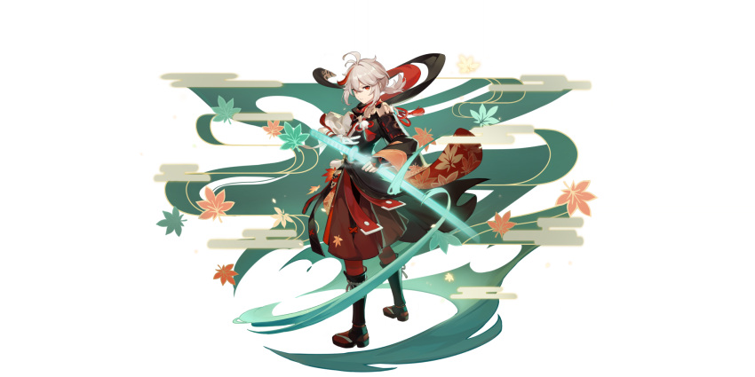 1boy ahoge back boots full_body genshin_impact highres japanese_clothes katana kazuha_(genshin_impact) leaf low_ponytail multicolored_hair official_art red_eyes redhead solo sword teeth transparent_background two-tone_hair weapon white_hair wind