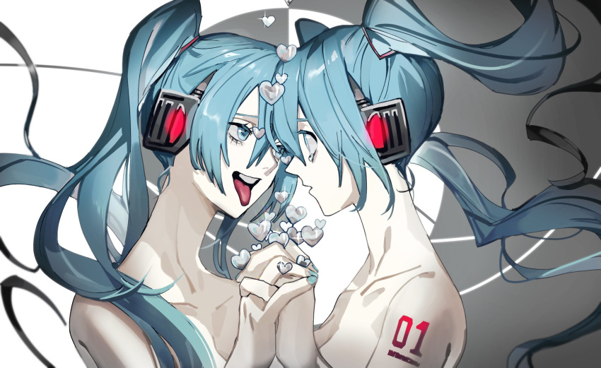 2girls aqua_eyes aqua_hair aqua_nails clone collarbone colored_skin commentary crying crying_with_eyes_open face-to-face floating_hair furrowed_brow hair_ornament hatsune_miku headphones heart highres holding_hands interlocked_fingers long_hair looking_at_another multiple_girls nail_polish nude shoulder_tattoo soyaka sparkle tattoo tears tongue tongue_out twintails two-tone_background upper_body ura-omote_lovers_(vocaloid) very_long_hair vocaloid white_skin