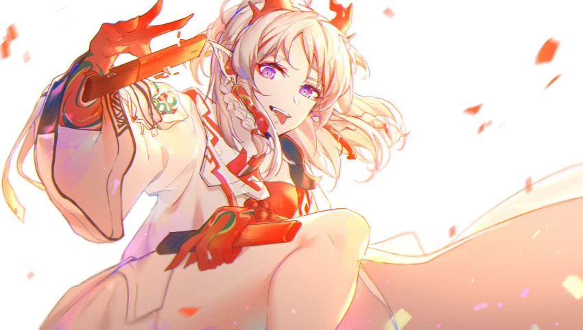 1girl arknights bangs braid chinese_clothes dragon_girl dragon_horns fan highres holding holding_fan horns long_hair looking_at_viewer nian_(arknights) pointy_ears ponytail silver_hair simple_background smile solo tattoo tongue tongue_out violet_eyes white_background yumuto_(spring1786)