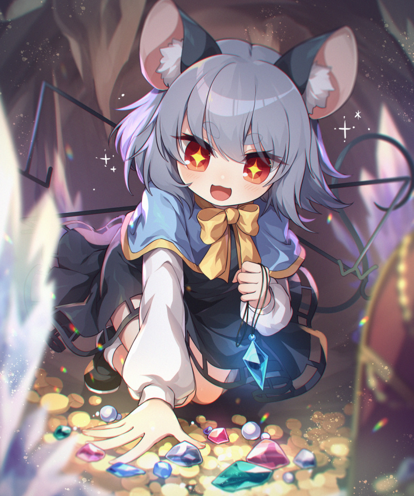 +_+ 1girl :d animal_ears bangs blue_capelet blurry blurry_background blurry_foreground bow bowtie brown_footwear capelet cave commission crystal dowsing_rod dress eyebrows_visible_through_hair grey_dress grey_hair highres holding jewelry kneeling kozakura_(dictionary) long_sleeves mouse_ears mouse_tail nazrin open_mouth pendant red_eyes short_eyebrows short_hair skeb_commission smile socks solo tail touhou treasure white_legwear yellow_bow yellow_neckwear