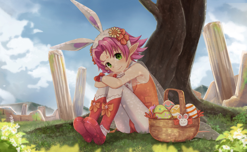 1girl absurdres animal_ears basket blackma_(pagus0012) blue_sky boots bow closed_eyes clouds day dragon_girl easter_egg egg facial_mark fae_(fire_emblem) fake_animal_ears fire_emblem fire_emblem:_the_binding_blade fire_emblem_heroes flower forehead_mark gloves grass green_eyes hair_bow hair_flower hair_ornament highres knees_up leaning_forward light_smile looking_at_viewer manakete official_alternate_costume orange_bow outdoors pantyhose pillar pink_hair pointy_ears rabbit_ears red_footwear ribbon short_hair sitting sky solo tree white_gloves white_legwear wrist_ribbon