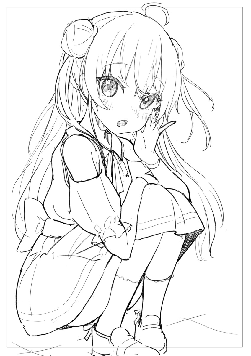 1girl absurdres ahoge bangs blush bow clothing_cutout collared_dress commentary_request copyright_request double_bun eyebrows_visible_through_hair greyscale hair_between_eyes highres loafers long_hair looking_at_viewer monochrome okota_mikan open_mouth puffy_short_sleeves puffy_sleeves shoes short_sleeves shoulder_cutout socks solo squatting two_side_up upper_teeth very_long_hair white_background