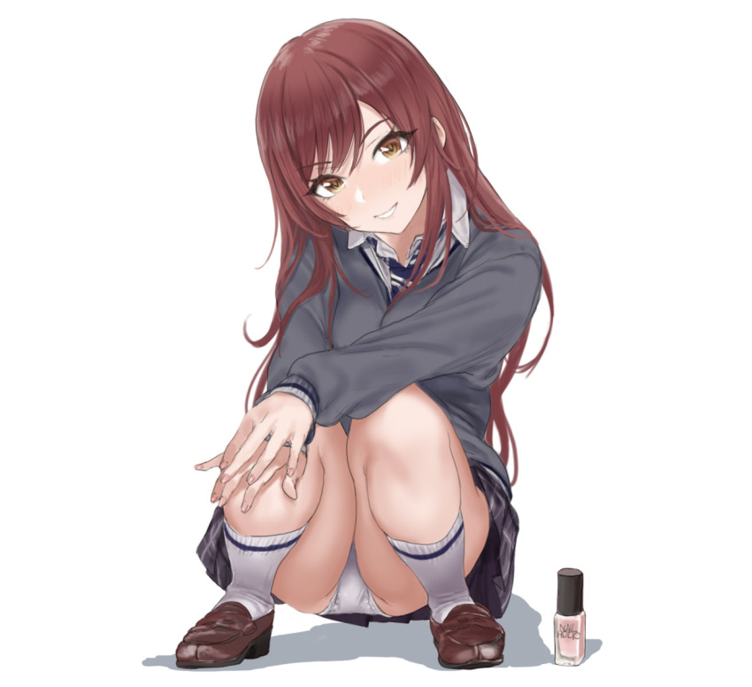 1girl ass brown_hair commentary_request hamedoragon idolmaster idolmaster_shiny_colors long_hair long_sleeves looking_at_viewer oosaki_amana panties pantyshot revision school_uniform simple_background skirt smile solo squatting underwear white_panties yellow_eyes