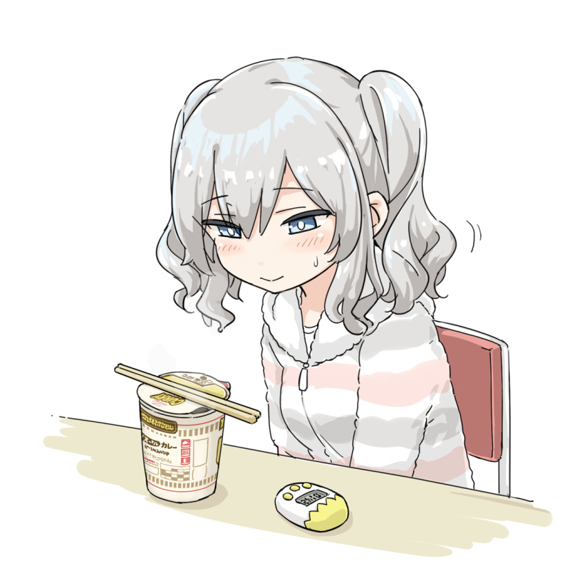 1girl :&gt; aka_ringo alternate_costume chair chopsticks commentary_request countdown_timer grey_eyes hood hooded_sweater hoodie kantai_collection kashima_(kancolle) ramen sidelocks silver_hair simple_background solo striped striped_sweater sweater table timer twintails upper_body v_arms waiting wavy_hair white_background
