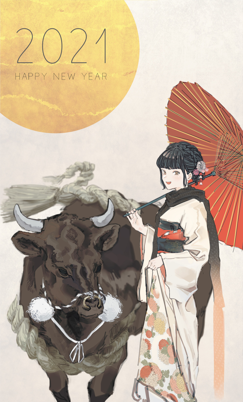 1girl 2021 absurdres bangs beige_kimono black_hair brown_eyes bull chinese_zodiac commentary_request english_commentary feet_out_of_frame floral_print flower grey_background hair_flower hair_ornament happy_new_year highres holding holding_umbrella japanese_clothes kimono kimono_hold looking_at_viewer mixed-language_commentary new_year obi oil-paper_umbrella open_mouth original pink_flower print_kimono red_umbrella sash scarf smile solo sun teraka1110 tied_hair umbrella white_flower year_of_the_ox