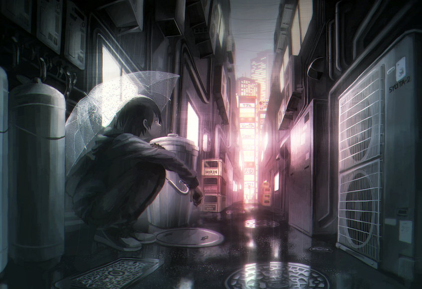 1boy alley black_hair building glowing grey_jacket hood hood_down jacket manhole_cover night original outdoors profile reflection sasakure_(mogunonbi) shoes short_hair solo squatting transparent transparent_umbrella trash_can umbrella