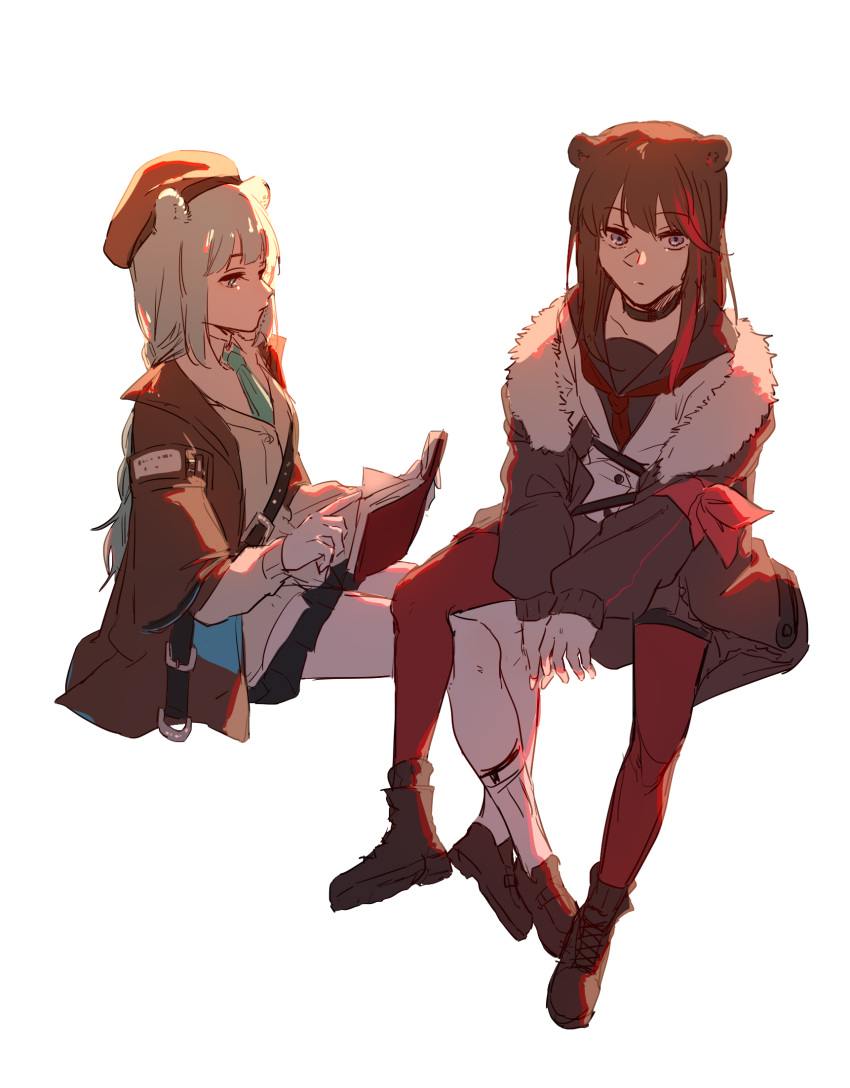 2girls animal_ears arknights arm_ribbon backlighting bear_ears black_choker black_skirt blue_eyes blue_hair blue_neckwear book boots brown_footwear brown_hair brown_headwear brown_jacket chinese_commentary choker closed_mouth commentary_request eyebrows_visible_through_hair full_body fur-trimmed_jacket fur_trim hat highres holding holding_book istina_(arknights) jacket legs_on_another's_lap loafers long_hair long_sleeves multicolored_hair multiple_girls natsuyiro_x neckerchief necktie reading red_legwear red_neckwear redhead ribbon school_uniform serafuku shoes shoulder_strap simple_background sitting skirt socks streaked_hair sweater white_background white_legwear white_sweater zima_(arknights)