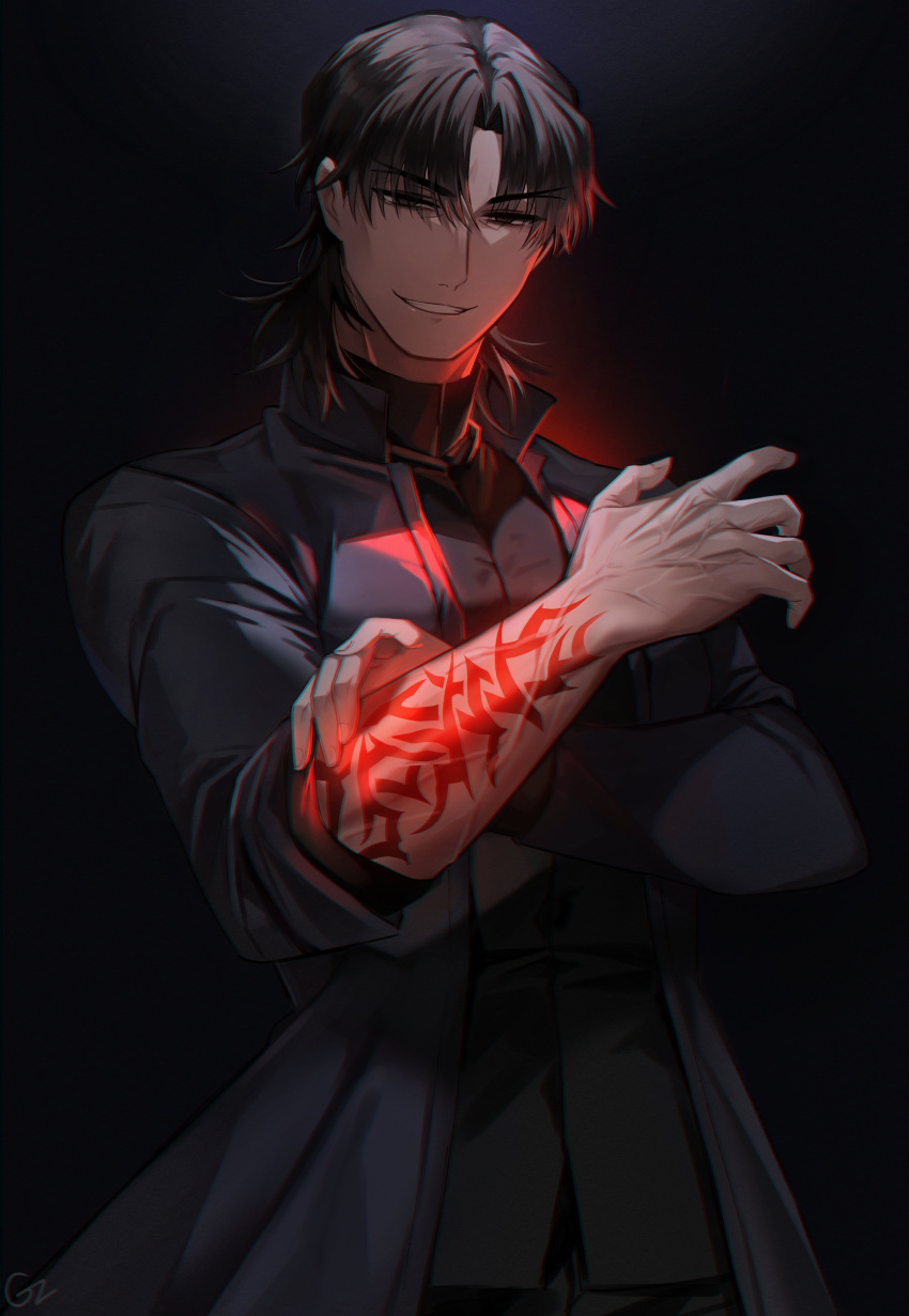 1boy absurdres arm_tattoo bangs black_coat black_hair coat commentary_request evil_grin evil_smile eyebrows_visible_through_hair eyes_visible_through_hair fate/stay_night fate_(series) fingernails forked_eyebrows glowing grey_eyes grin highres kotomine_kirei long_sleeves looking_at_viewer male_focus medium_hair parted_bangs rijjin sleeves_pushed_up smile solo tattoo upper_body veins veiny_arms