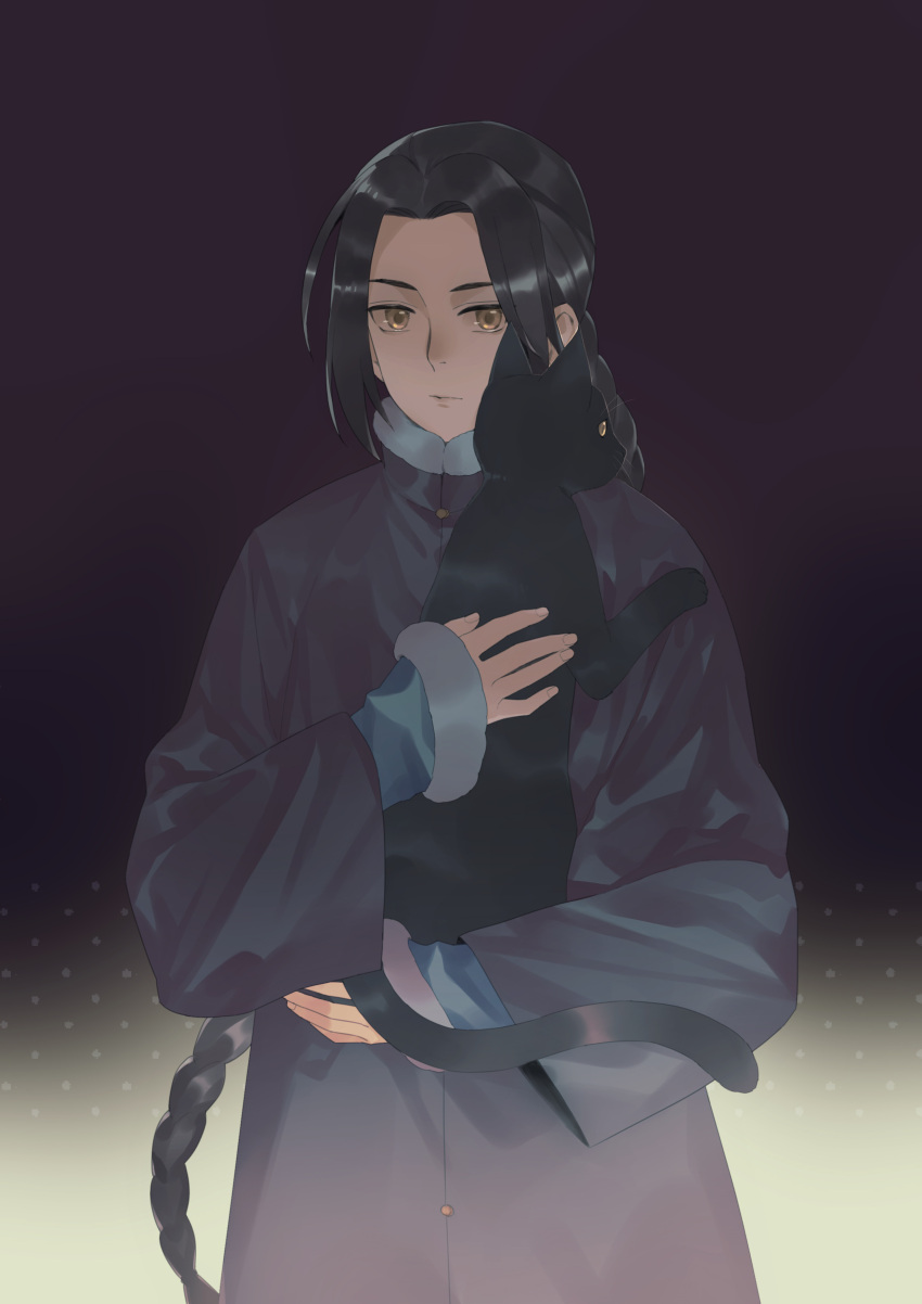 absurdres alternate_costume alternate_hairstyle animal axis_powers_hetalia black_cat black_hair braid braided_ponytail cat china_(hetalia) chinese_clothes eyebrows fur-trimmed_sleeves fur_collar fur_trim green_eyes highres holding holding_animal moye_(abubudebu) visible_ears winter_clothes