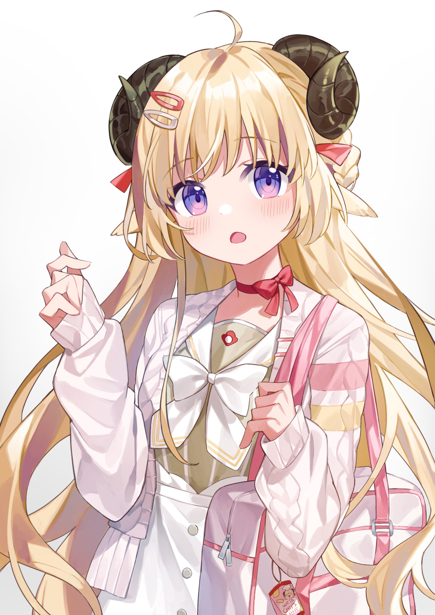 1girl absurdres ahoge animal_ears bag bangs blonde_hair blush bow bow_choker cardigan choker commentary_request eyebrows_visible_through_hair hair_ornament hairclip high-waist_skirt highres hololive horns long_hair long_sleeves looking_at_viewer open_cardigan open_clothes open_mouth pinstripe_pattern pinstripe_shirt red_bow red_choker sailor_collar sheep_ears sheep_girl sheep_horns shiroraku shirt shoulder_bag simple_background skirt sleeves_past_wrists solo striped tsunomaki_watame upper_body violet_eyes virtual_youtuber white_bow white_cardigan white_sailor_collar white_shirt