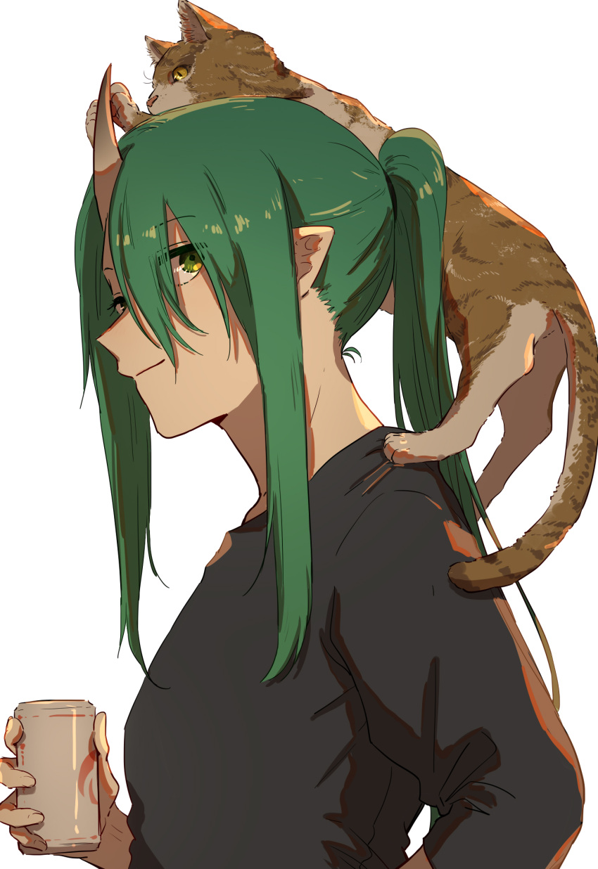 1girl alcohol animal_on_head arknights beer beer_can black_shirt can cat cat_on_head chinese_commentary commentary eyebrows_visible_through_hair from_side green_eyes green_hair highres holding holding_can horns hoshiguma_(arknights) long_hair looking_at_viewer natsuyiro_x on_head oni_horns ponytail profile shirt simple_background single_horn solo upper_body white_background
