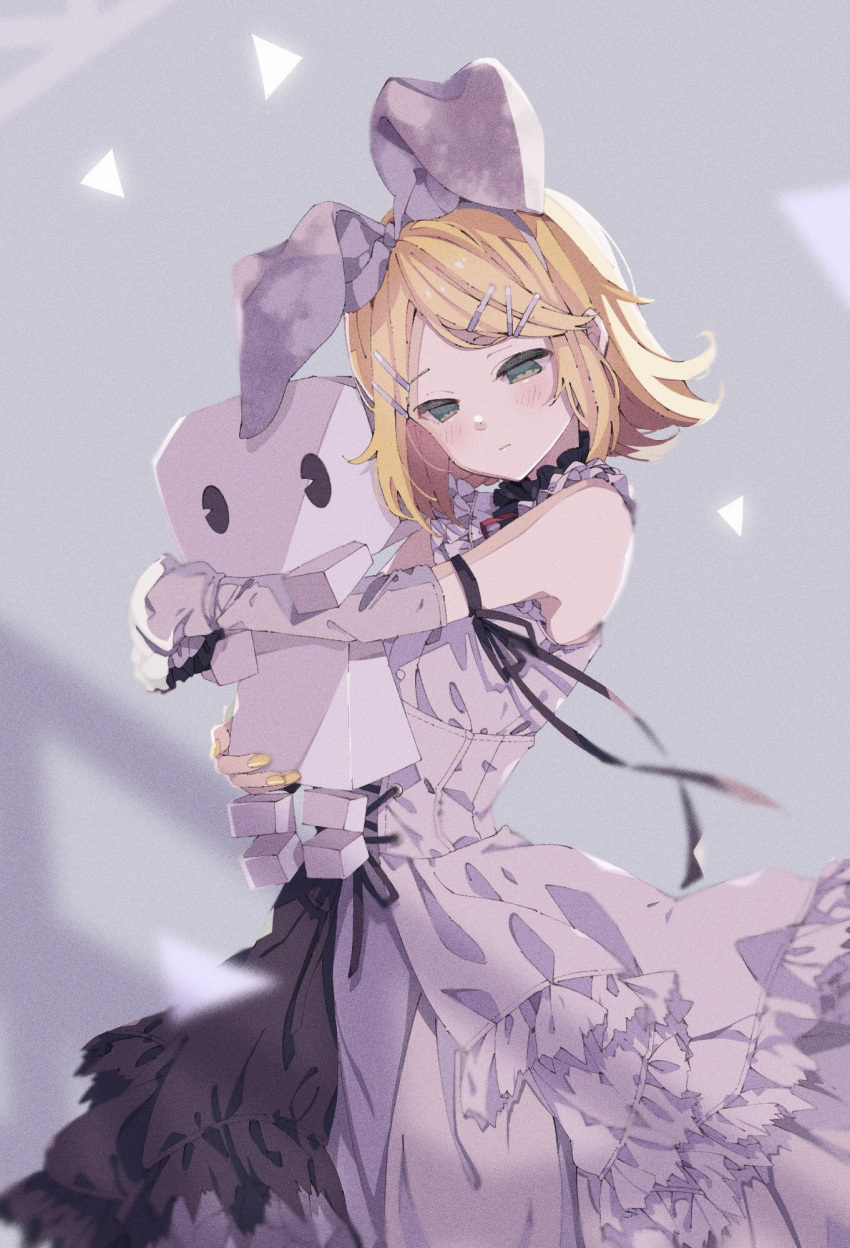 1girl aqua_eyes arm_ribbon bangs black_dress black_ribbon blonde_hair bow commentary cowboy_shot detached_sleeves dress frilled_dress frills grey_background grey_bow grey_sleeves hair_bow hair_ornament hairclip half-closed_eyes highres holding holding_toy kagamine_rin na_ta53 nail_polish pac-man_eyes project_sekai ribbon short_hair sleeveless sleeveless_dress solo swept_bangs toy two-tone_dress vocaloid white_dress yellow_nails