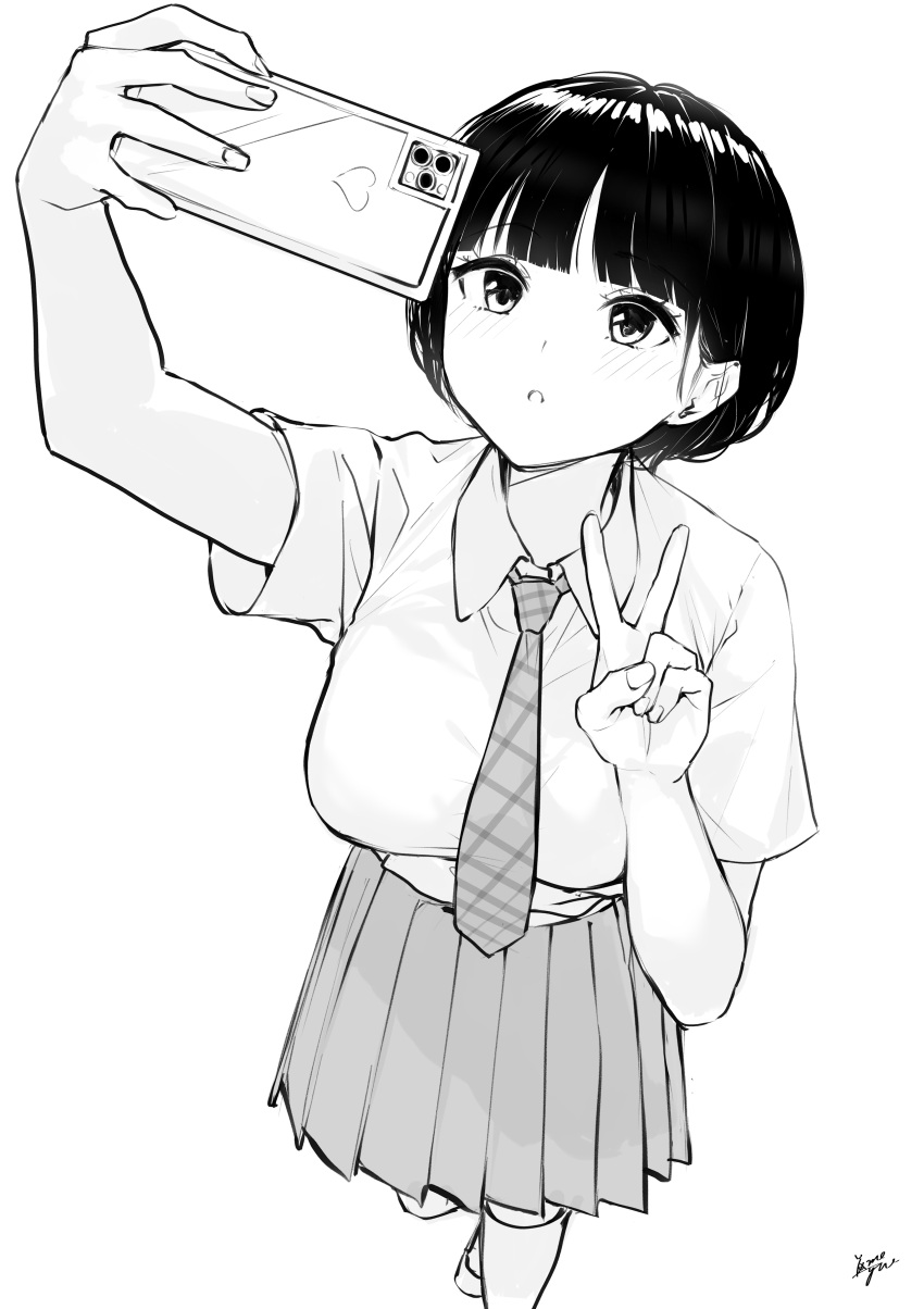 1girl :o absurdres arm_up bangs blush breasts cellphone collared_shirt commentary_request greyscale hand_up highres holding holding_phone looking_away looking_up medium_breasts monochrome necktie original parted_lips phone plaid_neckwear pleated_skirt school_uniform selfie shirt short_hair short_sleeves signature simple_background skirt socks solo standing takenoko_no_you v white_background