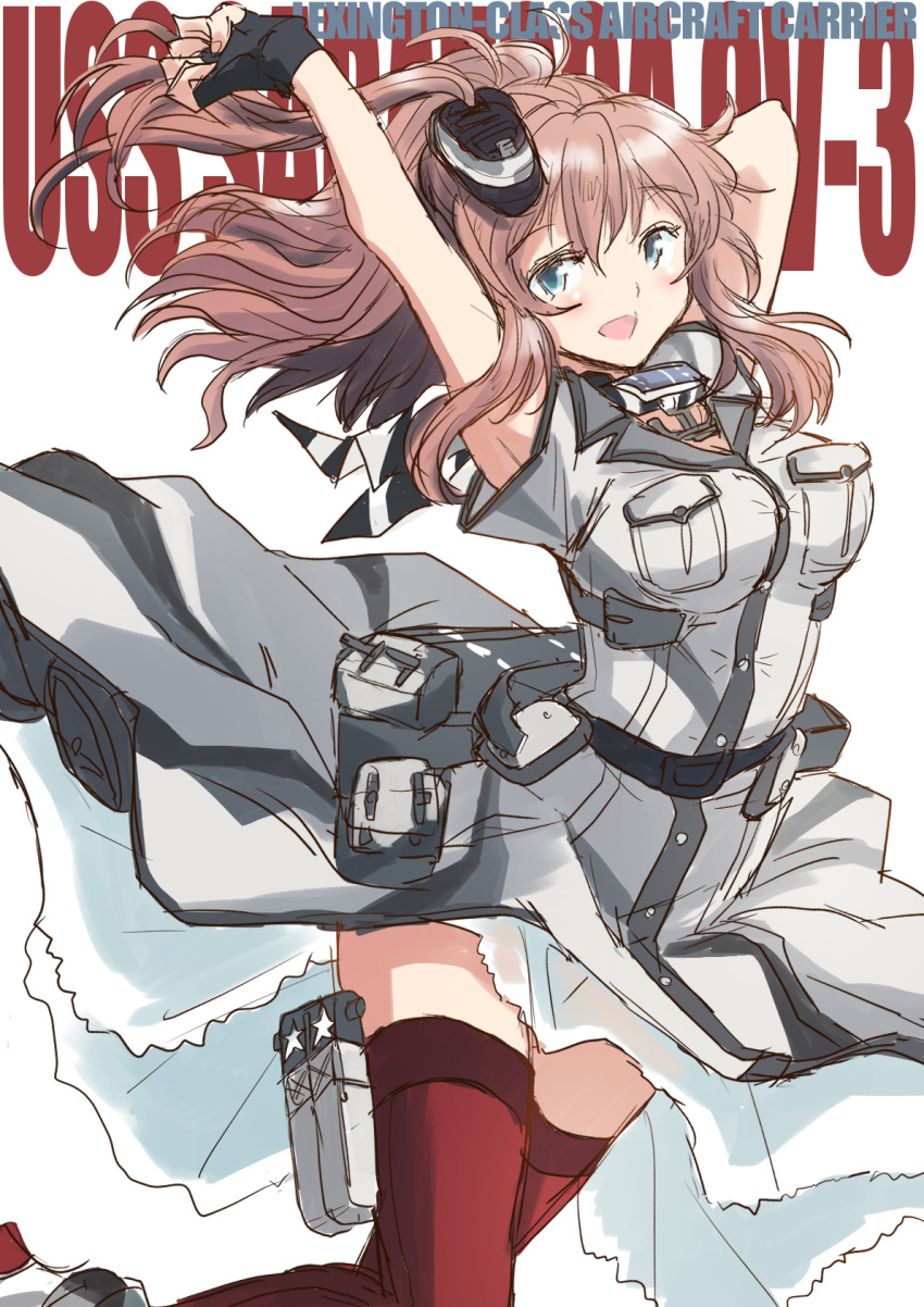 1girl arms_up background_text black_gloves breast_pocket breasts brown_hair commentary_request dress feet_out_of_frame fingerless_gloves fuji_(pixiv24804665) gloves grey_dress grey_eyes hair_ornament highres kantai_collection large_breasts looking_at_viewer multicolored multicolored_clothes multicolored_dress neckerchief pocket ponytail red_legwear red_neckwear remodel_(kantai_collection) saratoga_(kancolle) side_ponytail sidelocks simple_background smokestack smokestack_hair_ornament solo thigh-highs white_background