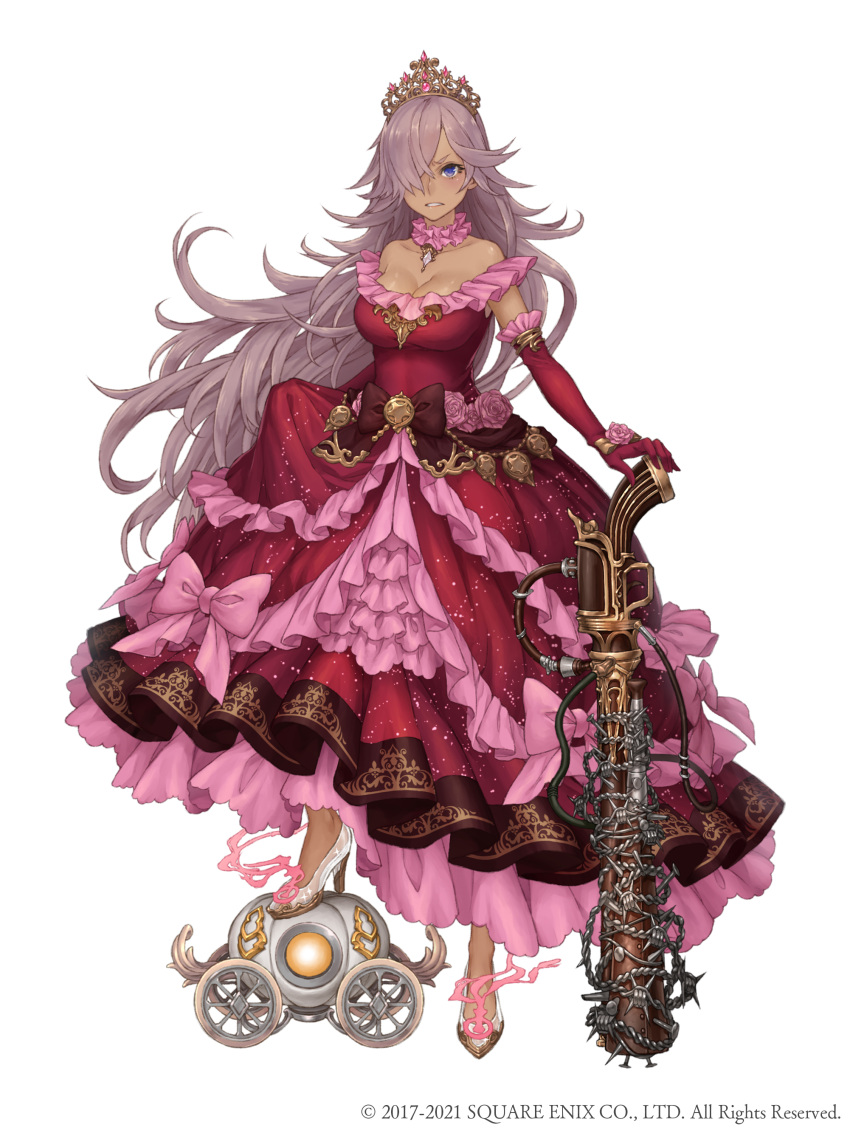 1girl absurdres antique_firearm barbed_wire blue_eyes blunderbuss breasts choker cinderella_(sinoalice) clothes_lift dark_skin dress dress_lift elbow_gloves firearm frilled_dress frills full_body glass_slipper gloves gun hair_over_one_eye high_heels highres ji_no large_breasts long_hair looking_at_viewer official_art purple_hair red_dress red_gloves scowl sinoalice solo spiked_bat square_enix standing_on_object tiara very_long_hair wagon waist_bow weapon white_background