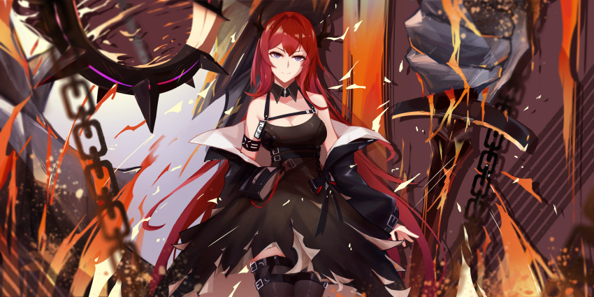 1girl absurdres arknights chain collar demon demon_horns demon_tail dress highres holding holding_weapon horns jacket looking_at_viewer min_(120716) redhead spiked_collar spikes surtr_(arknights) sword tail thigh-highs violet_eyes weapon