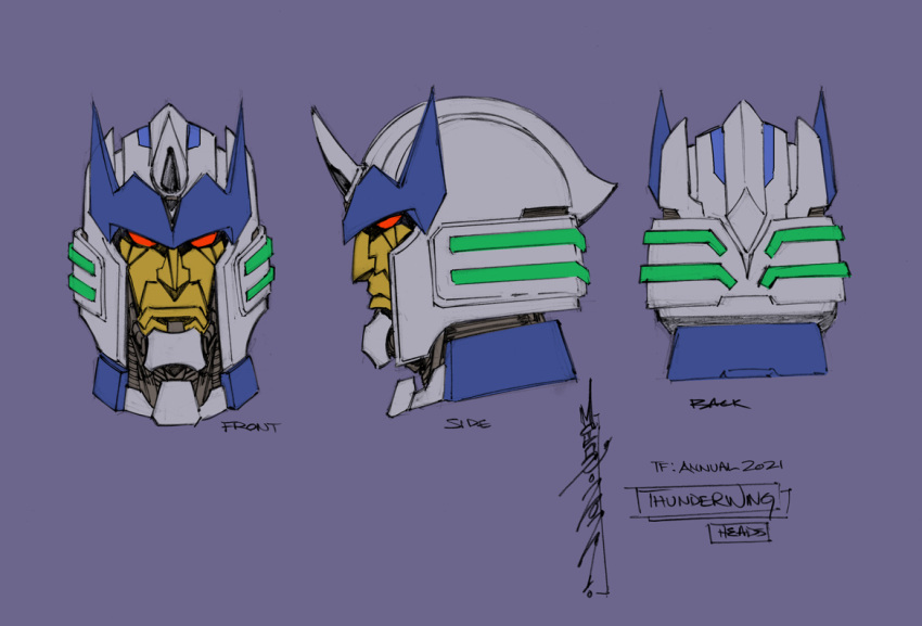 1boy 2021 alex_milne artist_name blue_horns character_name decepticon evil expressionless face from_behind frown head horns lips mecha nose official_art purple_background red_eyes single_horn the_transformers_(idw) thunderwing_(transformers) transformers white_horns