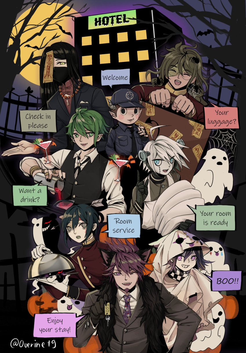 6+boys amami_rantarou animal_ears apron black_hair checkered checkered_scarf closed_eyes cocktail_glass cup dangan_ronpa_(series) dangan_ronpa_v3:_killing_harmony drinking_glass ghost gokuhara_gonta green_hair halloween halloween_costume highres hoshi_ryouma keebo long_hair male_focus momota_kaito monokuma moon multiple_boys necktie ouma_kokichi overine19 pumpkin purple_hair saihara_shuuichi scarf shinguuji_korekiyo short_hair suitcase tree_branch white_hair