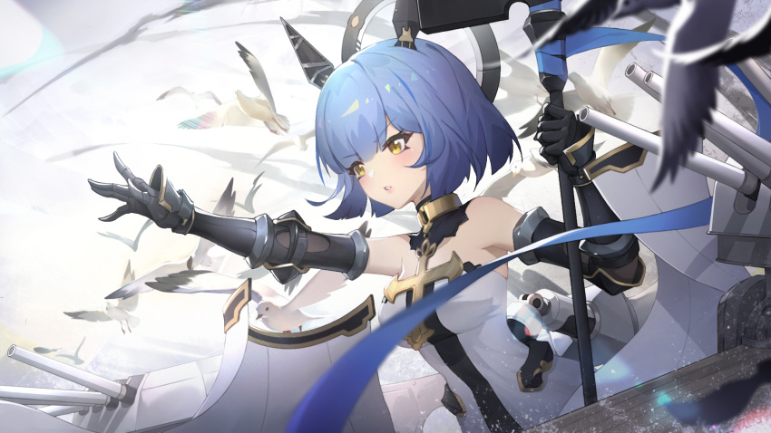 1girl armpits azur_lane bangs bare_shoulders bird blue_hair blunt_bangs commentary_request cross cross_choker cross_necklace dress elbow_gloves eyebrows_visible_through_hair eyes_visible_through_hair gascogne_(azur_lane) gauntlets gloves headgear highres holding holding_scepter jewelry looking_afar looking_away machinery necklace parted_lips reaching scepter seagull short_hair sidelocks strapless strapless_dress turret white_dress xiaoxiao_nanjue_buyaokeng yellow_eyes