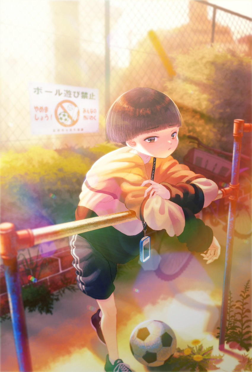 1boy ball bangs black_footwear black_hair black_shorts blunt_bangs bowl_cut brown_eyes eyebrows_visible_through_hair fence flower highres leaf lens_flare long_sleeves looking_at_viewer original plant sasakure_(mogunonbi) shoes shorts sign soccer_ball solo yellow_flower