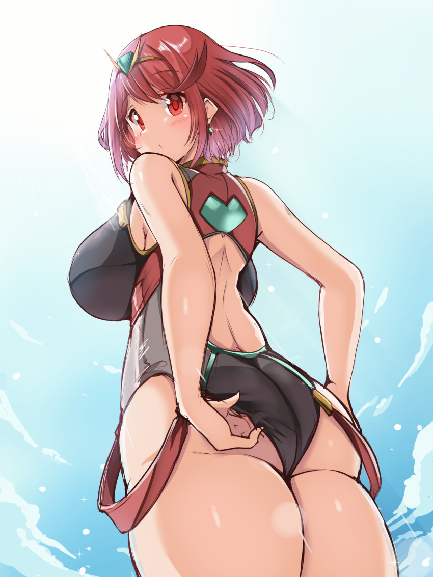 1girl absurdres ass bangs black_swimsuit competition_swimsuit covered_collarbone earrings headpiece highres jewelry kurokaze_no_sora one-piece_swimsuit pyra_(pro_swimmer)_(xenoblade) pyra_(xenoblade) red_eyes red_swimsuit redhead short_hair strapless strapless_swimsuit swept_bangs swimsuit tiara two-tone_swimsuit xenoblade_chronicles_(series) xenoblade_chronicles_2