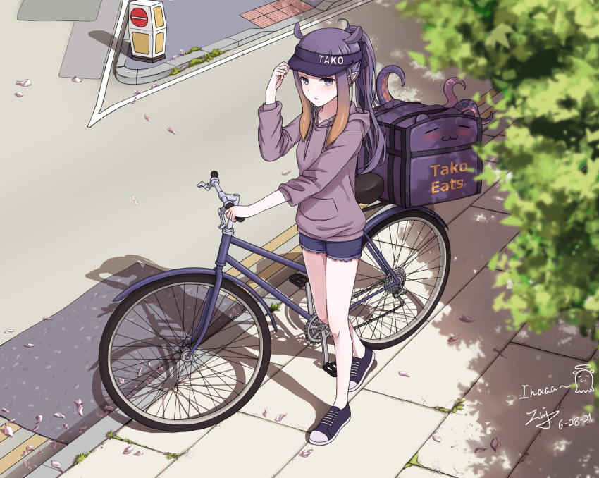 1girl absurdres bicycle dated gradient_hair ground_vehicle highres hololive hololive_english long_hair multicolored_hair ninomae_ina'nis pointy_ears public purple_hair shadow standing tako_(ninomae_ina'nis) tentacle_hair tentacles virtual_youtuber zeng$_(zwj)