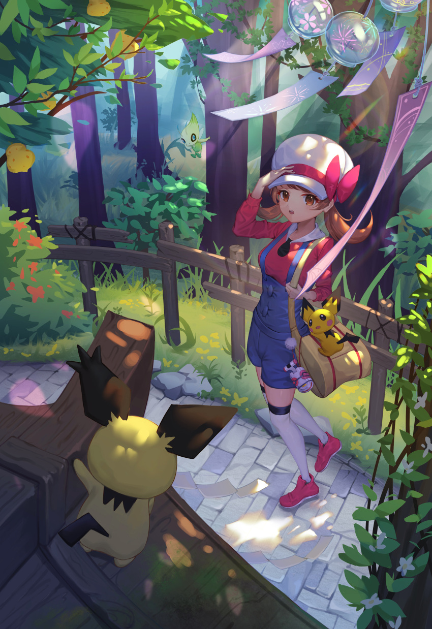 1girl absurdres al_guang bangs berry_(pokemon) blue_overalls bow brown_eyes brown_hair bush cabbie_hat celebi commentary_request day fence forest gen_2_pokemon grass hand_on_headwear hat hat_bow highres long_hair lyra_(pokemon) mythical_pokemon nature outdoors pichu pokegear pokemon pokemon_(creature) pokemon_(game) pokemon_hgss red_shirt shirt shoes sitrus_berry spiky-eared_pichu standing thigh-highs tree twintails white_headwear white_legwear yellow_bag