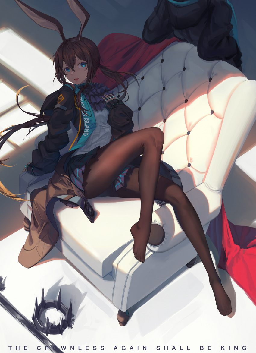 1girl 1other absurdres ahoge amiya_(arknights) animal_ears arknights bangs black_legwear blue_eyes brown_hair chinese_commentary commentary couch crown doctor_(arknights) english_text full_body hair_between_eyes highres huge_filesize jacket jewelry kumachi long_hair long_sleeves looking_at_viewer no_shoes off_shoulder on_couch open_clothes open_jacket out_of_frame pantyhose rabbit_ears ring shadow shirt sitting smile soles solo solo_focus spoilers sword weapon white_shirt