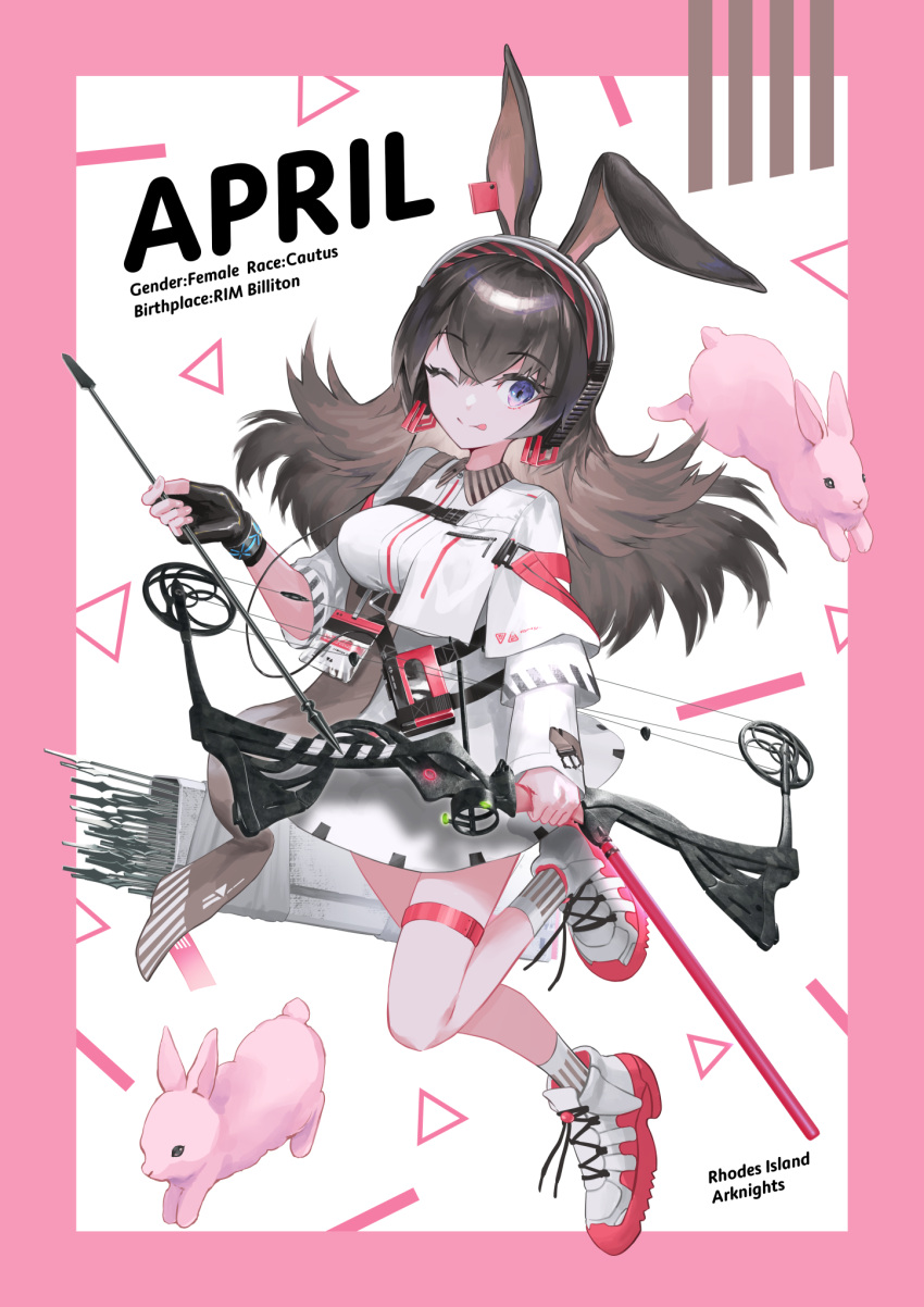 1girl animal_ears april_(arknights) arknights arrow_(projectile) bangs bare_legs black_gloves black_hair border bow_(weapon) character_name commentary_request compound_bow copyright_name dress fingerless_gloves full_body gloves hair_between_eyes highres holding holding_bow_(weapon) holding_weapon leg_up long_hair long_sleeves looking_at_viewer makkuro one_eye_closed partial_commentary pink_border quiver rabbit rabbit_ears shoes short_dress single_glove smile sneakers socks solo standing tongue tongue_out violet_eyes weapon white_background white_dress white_footwear white_legwear