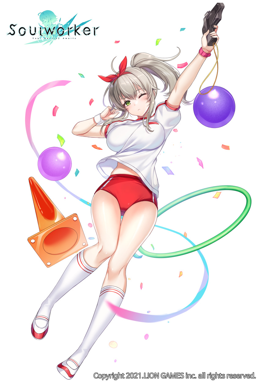 1girl absurdres ahoge arm_up ball breasts buruma closed_mouth crotch_seam full_body green_eyes grey_hair gym_uniform hair_ribbon hand_up highres holding kneehighs large_breasts lee_nabi long_hair looking_at_viewer maett midriff_peek official_art one_eye_closed red_buruma ribbon shirt shirt_overhang shoes short_sleeves side_ponytail simple_background solo soul_worker sweatband thigh_gap thighs traffic_cone uwabaki white_background white_footwear white_legwear white_shirt wristband