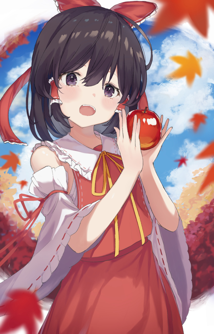 apple autumn_leaves bandages bangs bare_shoulders black_hair blue_sky blush bow bowtie clouds cloudy_sky collar collared_dress commentary_request detached_sleeves dress eyebrows_visible_through_hair food fruit hair_between_eyes hair_ornament hair_tubes hakurei_reimu hands_up highres kogalashi leaf long_sleeves looking_at_viewer maple_leaf open_mouth red_bow red_dress short_hair sky standing teeth tongue touhou violet_eyes wide_sleeves yellow_bow yellow_bowtie