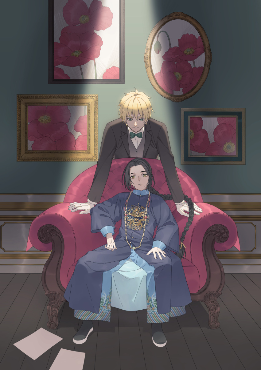 2boys absurdres alternate_costume axis_powers_hetalia bangs black_hair braid braided_ponytail china_(hetalia) chinese_clothes couch formal gloves highres light_rays long_hair moye_(abubudebu) multiple_boys painting_(object) pants papers parted_bangs shoes suit united_kingdom_(hetalia) white_gloves