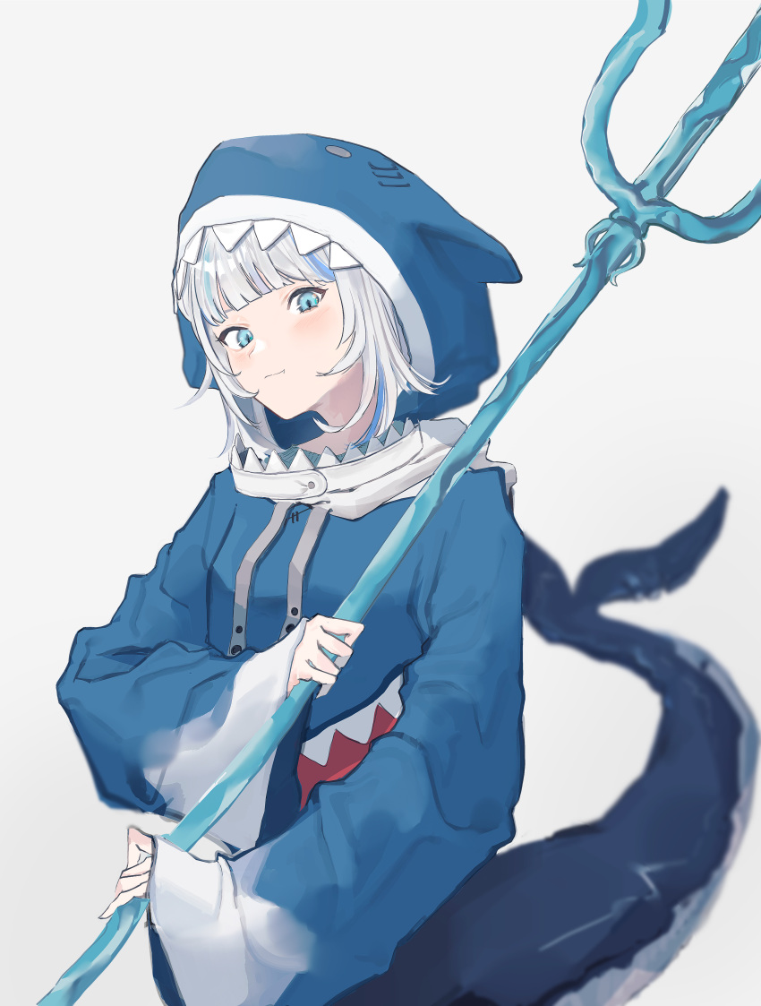 1girl absurdres animal_hood bangs blue_eyes blue_hair blue_hoodie blunt_bangs blurry closed_mouth commentary fang fish_tail gawr_gura hat highres holding holding_weapon hololive hololive_english hood hood_up hoodie light_blush long_sleeves looking_at_viewer medium_hair multicolored_hair polearm shark_hood shark_tail simple_background sleeves_past_wrists slit_pupils smile solo streaked_hair tail teraka1110 trident upper_body weapon white_background white_hair