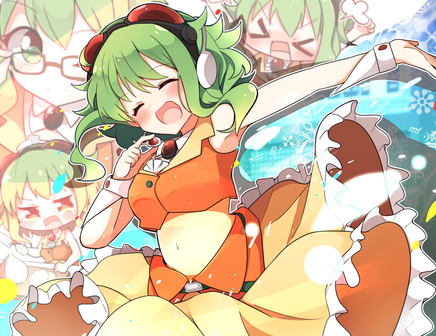 &gt;_&lt; 1girl =3 absurdres adjusting_eyewear arms_up bare_shoulders belt bespectacled blush closed_eyes commentary cutting_board frilled_skirt frills glasses goggles goggles_on_head green_eyes green_hair gumi hand_on_headset headphones headset highres holding holding_knife knife looking_at_viewer navel one_eye_closed onion open_mouth orange_skirt orange_vest outstretched_arm pachio_(patioglass) projected_inset red_goggles shirt skirt sleeveless sleeveless_shirt smile upper_body vest vocaloid wrist_cuffs yellow_shirt yellow_skirt