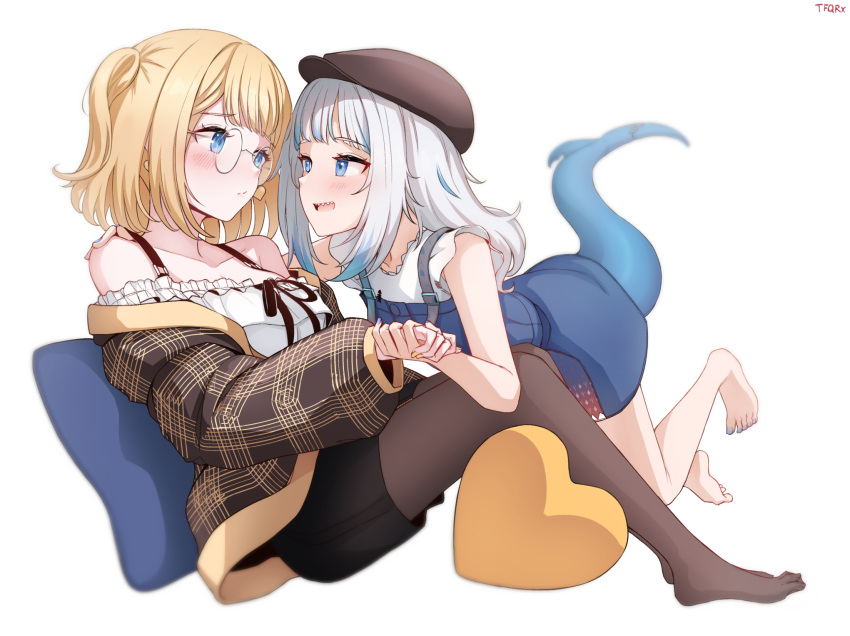 2girls bangs bespectacled blonde_hair blue_eyes blue_hair blush cushion fish_tail gawr_gura glasses hair_ornament highres hololive hololive_english multicolored_hair multiple_girls off_shoulder open_mouth pantyhose shark_tail simple_background skirt smile streaked_hair tail tfqr virtual_youtuber watson_amelia white_background