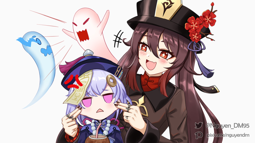 2girls anger_vein annoyed bead_necklace beads blush cheek_pull coconut dm_(nguyen_dm95) drink drinking_straw fang flower genshin_impact ghost half-closed_eyes hat hu_tao_(genshin_impact) jewelry jiangshi long_sleeves multiple_girls nail_polish necklace open_mouth pink_eyes plum_blossoms purple_hair qiqi_(genshin_impact) red_eyes ring simple_background smile twintails twitter_username watermark wavy_mouth white_background
